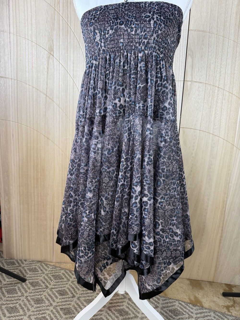 Womens Animal Print Convertible Skirt Dress Smocked Waist Handkerchief Hem